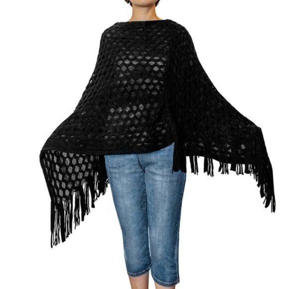 Black Honeycomb Knit Poncho with Tassels - Picture 3 of 4